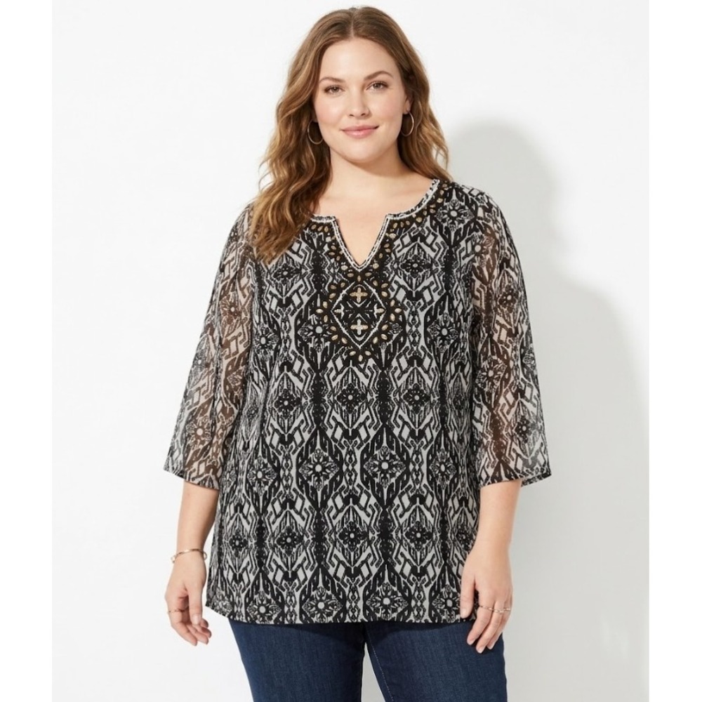 INC International Concepts 1X Black White Artsy Mesh Stretch Embellished Blouse